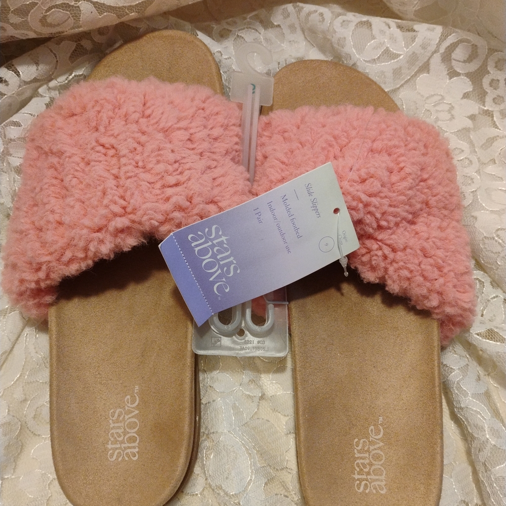 stars above Pink Fuzzy Slide Slippers